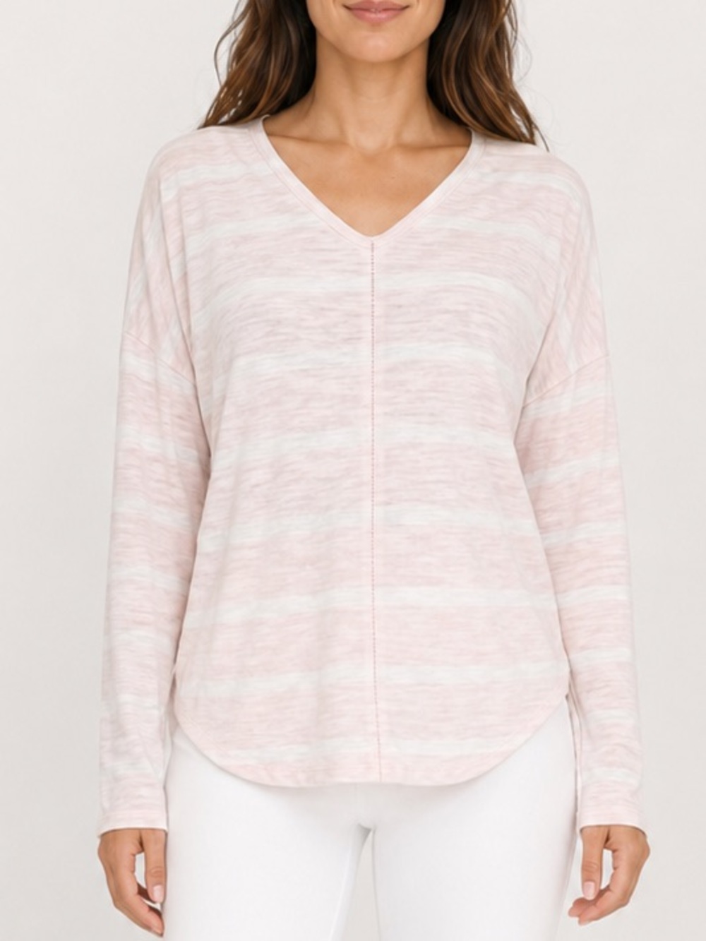 Ann Taylor Pink Stripe Linen Blend V Neck Top Relaxed Fit L